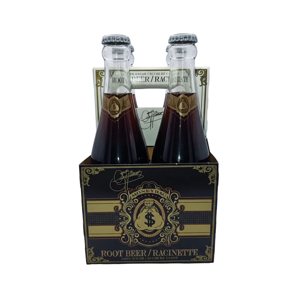 Moneybag Root Beer premium craft soda 4-pack with elegant gold and black packaging