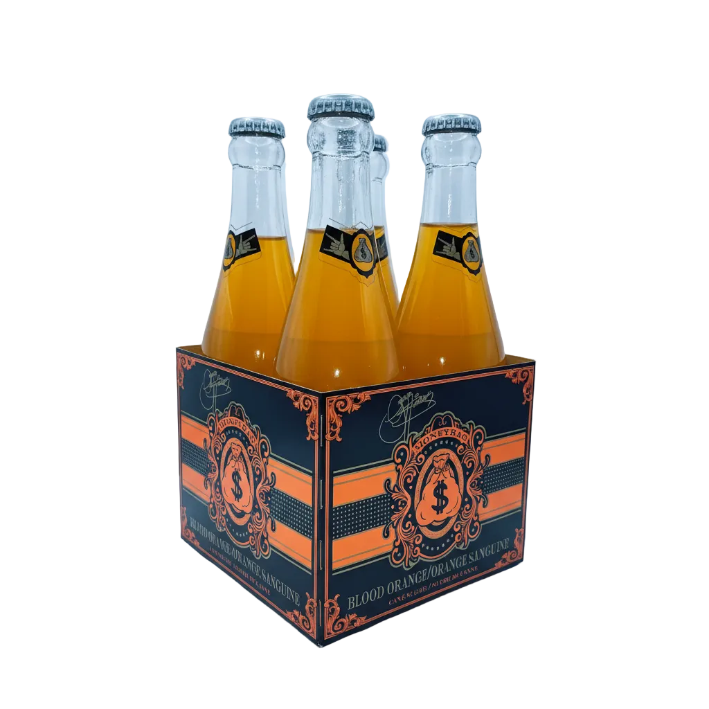 Moneybag Blood Orange premium craft soda 4-pack with elegant black and orange packaging