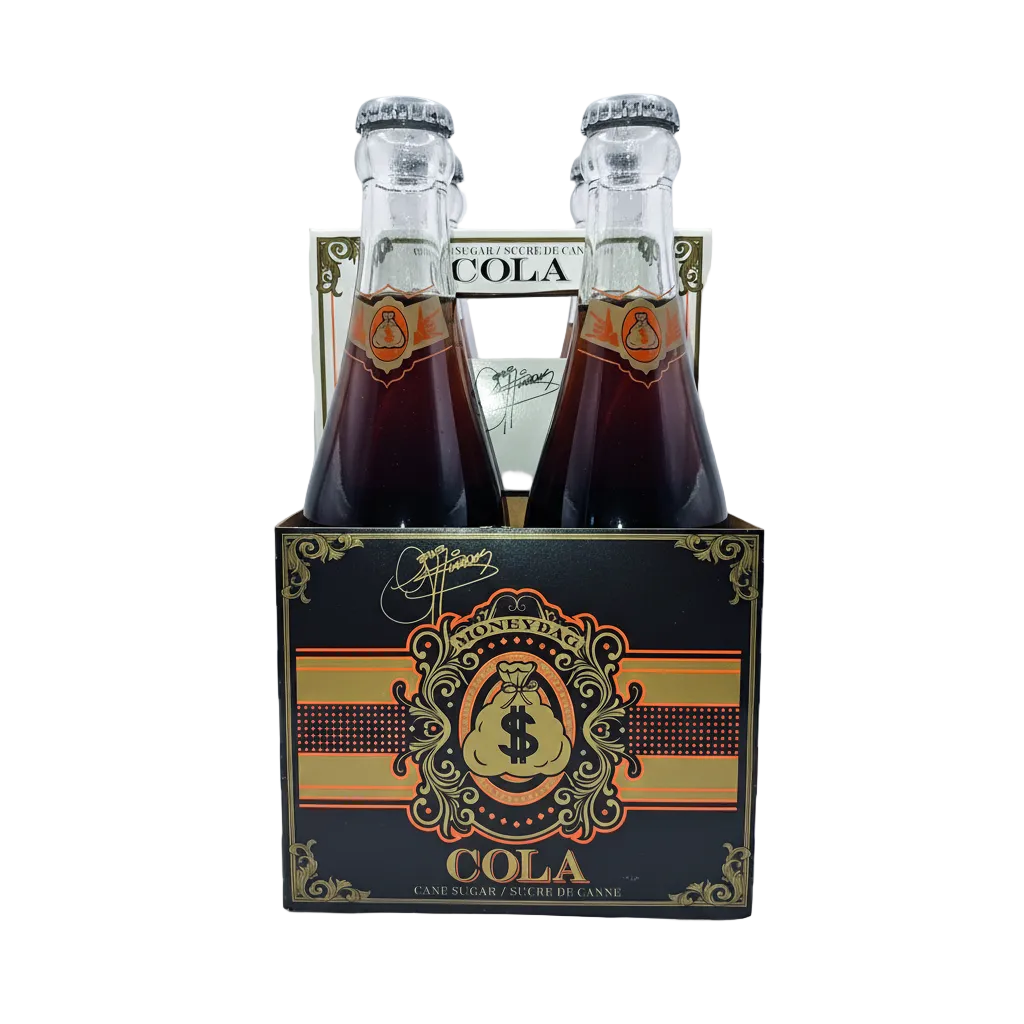 Moneybag Cola premium craft soda 4-pack with elegant orange and gold packaging